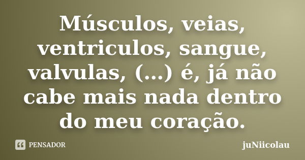 Músculos, veias, ventriculos, sangue, valvulas, (…) é, já não cabe mais nada dentro do meu coração.... Frase de juNiicolau.