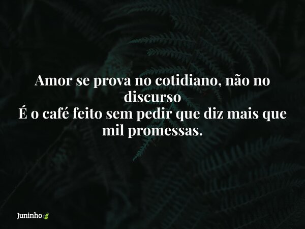 Amor se prova no cotidiano, não no discurso É o café feito sem pedir que diz mais que mil promessas.... Frase de Juninho.