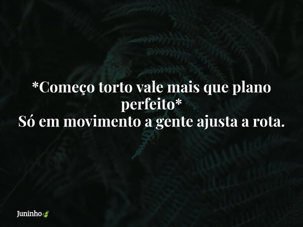 *Começo torto vale mais que plano perfeito* Só em movimento a gente ajusta a rota.... Frase de Juninho.