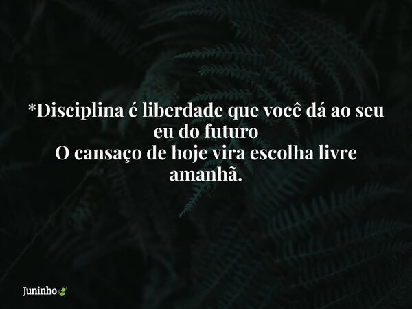 *Disciplina é liberdade que você dá ao seu eu do futuro O cansaço de hoje vira escolha livre amanhã.... Frase de Juninho.