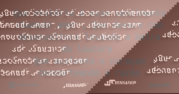 Que mistério é esse sentimento chamado amor , Que devora com desenvoltura levando a beira da loucura Que acalenta o coraçao desnorteando a razão... Frase de Junio86.