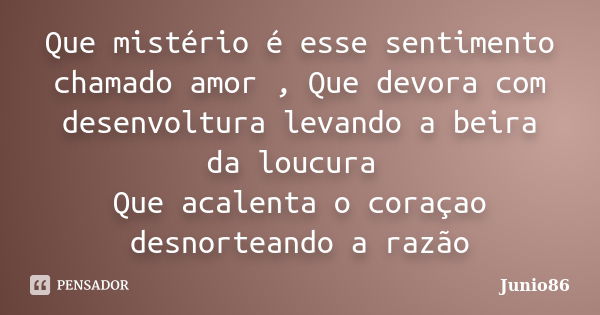 Que mistério é esse sentimento chamado amor , Que devora com desenvoltura levando a beira da loucura Que acalenta o coraçao desnorteando a razão... Frase de Junio86.