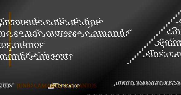 Aproveite o dia de hoje Como se não ouvesse o amanhã Sejamos plenos Pois o amanhã é incerto.... Frase de Junio camargo dos santos.
