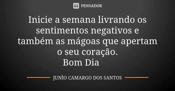 Inicie a semana livrando os sentimentos negativos e também as mágoas que apertam o seu coração. Bom Dia 😊... Frase de Junio camargo dos santos.