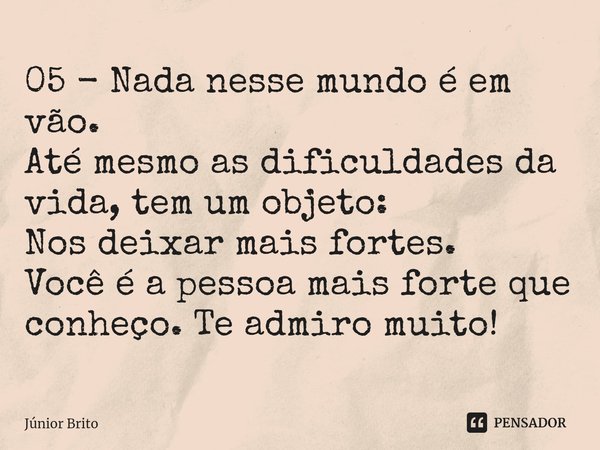 ⁠05 - Nada nesse mundo é em vão.
Até mesmo as dificuldades da vida, tem um objeto:
Nos deixar mais fortes.
Você é a pessoa mais forte que conheço. Te admiro mui... Frase de Júnior Brito.