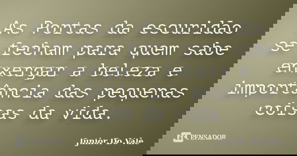 As Portas da escuridão se fecham para quem sabe enxergar a beleza e importância das pequenas coisas da vida.... Frase de Junior Do Vale.