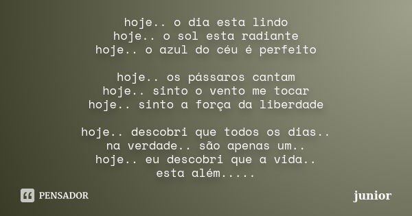 hoje.. o dia esta lindo hoje.. o sol esta radiante hoje.. o azul do céu é perfeito hoje.. os pássaros cantam hoje.. sinto o vento me tocar hoje.. sinto a força ... Frase de junior.