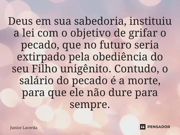 ⁠Deus em sua sabedoria, instituiu a lei com o objetivo de grifar o pecado, que no futuro seria extirpado pela obediência do seu Filho unigênito. Contudo, o salá... Frase de Junior Lacerda.