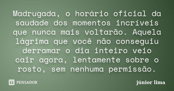 Madrugada, o horário oficial da saudade dos momentos incríveis que nunca mais voltarão. Aquela lágrima que você não conseguiu derramar o dia inteiro veio cair a... Frase de Junior Lima..