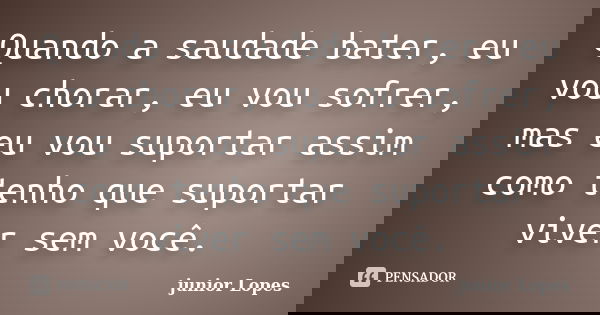 Quando a saudade bater, eu vou chorar, eu vou sofrer, mas eu vou suportar assim como tenho que suportar viver sem você.... Frase de junior Lopes.