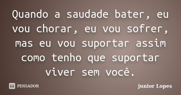 Quando a saudade bater, eu vou chorar, eu vou sofrer, mas eu vou suportar assim como tenho que suportar viver sem você.... Frase de junior Lopes.