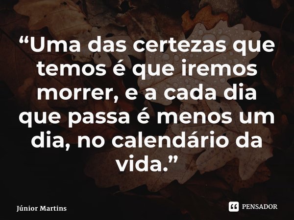 “Uma das certezas que temos é que iremos morrer, e a cada dia que passa é menos um dia, no calendário da vida.”... Frase de Júnior Martins.