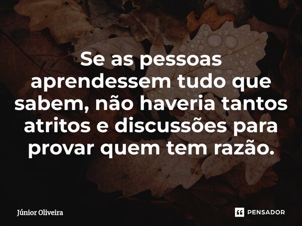 ⁠Se as pessoas aprendessem tudo que sabem, não haveria tantos atritos e discussões para provar quem tem razão.... Frase de Júnior Oliveira.