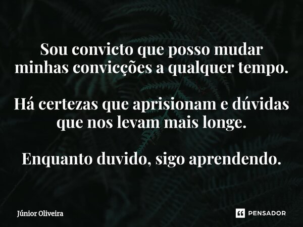 ⁠Sou convicto que posso mudar minhas convicções a qualquer tempo. Há certezas que aprisionam e dúvidas que nos levam mais longe. Enquanto duvido, sigo aprendend... Frase de Júnior Oliveira.