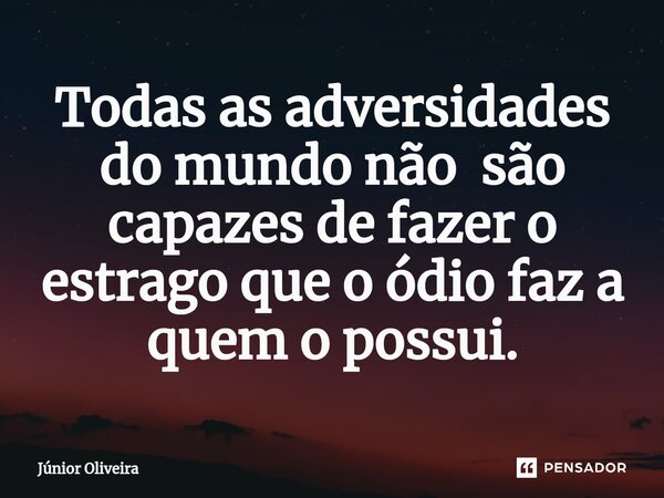 ⁠Todas as adversidades do mundo não são capazes de fazer o estrago que o ódio faz a quem o possui.... Frase de Júnior Oliveira.