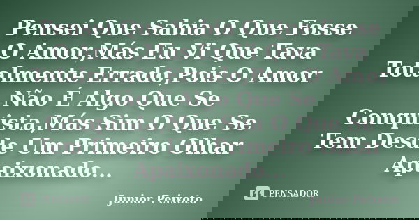 Pensei Que Sabia O Que Fosse O Amor,Más Eu Vi Que Tava Totalmente Errado,Pois O Amor Não É Algo Que Se Conquista,Más Sim O Que Se Tem Desde Um Primeiro Olhar Ap... Frase de Júnior Peixoto.