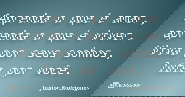 Aprenda o que é amar, aprenda o que é viver. Viva por seus sonhos, lute por você.... Frase de Júnior Rodrigues.