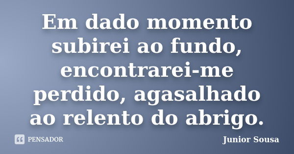 Em dado momento subirei ao fundo, encontrarei-me perdido, agasalhado ao relento do abrigo.... Frase de Junior Sousa.