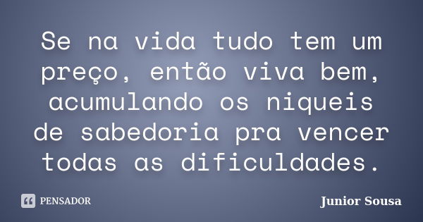 Se na vida tudo tem um preço, então viva bem, acumulando os niqueis de sabedoria pra vencer todas as dificuldades.... Frase de Junior Sousa.