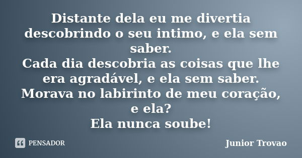 Distante dela eu me divertia descobrindo o seu intimo, e ela sem saber. Cada dia descobria as coisas que lhe era agradável, e ela sem saber. Morava no labirinto... Frase de Junior Trovao.