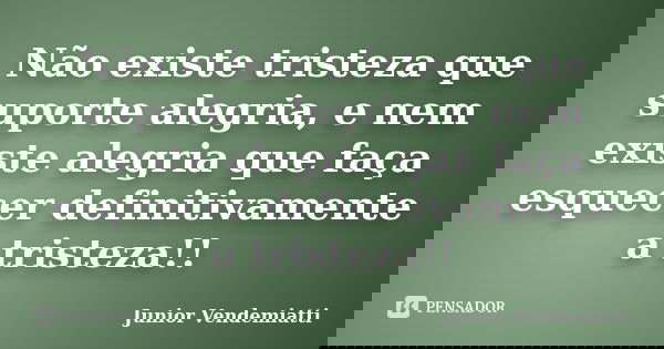 Não existe tristeza que suporte alegria, e nem existe alegria que faça esquecer definitivamente a tristeza!!... Frase de Junior Vendemiatti.