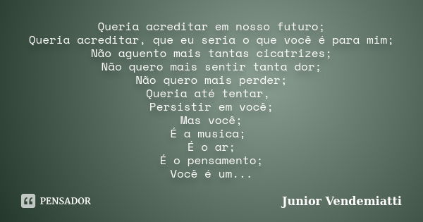 Queria acreditar em nosso futuro; Queria acreditar, que eu seria o que você é para mim; Não aguento mais tantas cicatrizes; Não quero mais sentir tanta dor; Não... Frase de Junior Vendemiatti.