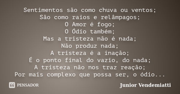 Sentimentos são como chuva ou ventos; São como raios e relâmpagos; O Amor é fogo; O Ódio também; Mas a tristeza não é nada; Não produz nada; A tristeza é a inaç... Frase de Junior Vendemiatti.