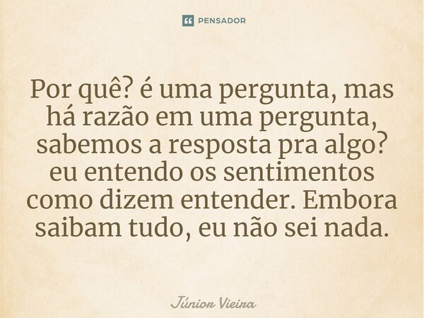 ⁠Por quê? é uma pergunta, mas há razão em uma pergunta, sabemos a resposta pra algo? eu entendo os sentimentos como dizem entender. Embora saibam tudo, eu não s... Frase de Júnior Vieira.