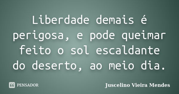 Liberdade demais é perigosa, e pode queimar feito o sol escaldante do deserto, ao meio dia.... Frase de Juscelino Vieira Mendes.