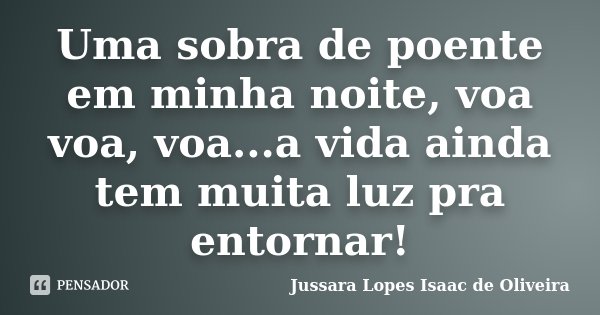 Uma sobra de poente em minha noite, voa voa, voa...a vida ainda tem muita luz pra entornar!... Frase de Jussara Lopes Isaac de Oliveira.