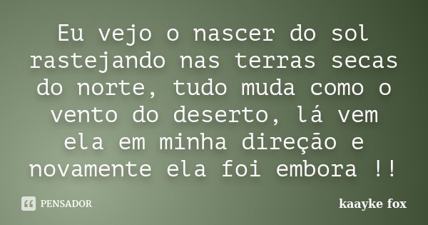 Eu vejo o nascer do sol rastejando nas terras secas do norte, tudo muda como o vento do deserto, lá vem ela em minha direção e novamente ela foi embora !!... Frase de Kaayke Fox.