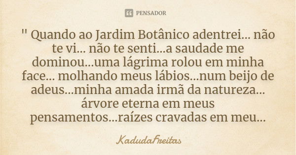 " Quando ao Jardim Botânico adentrei... não te vi... não te senti...a saudade me dominou...uma lágrima rolou em minha face... molhando meus lábios...num be... Frase de KadudaFreitas.