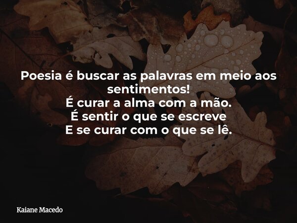 Poesia é buscar as palavras em meio aos sentimentos! É curar a alma com a mão. É sentir o que se escreve E se curar com o que se lê.... Frase de Kaiane Macedo.