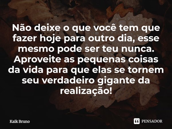 ⁠⁠Não deixe o que você tem que fazer hoje para outro dia, esse mesmo pode ser teu nunca. Aproveite as pequenas coisas da vida para que elas se tornem seu verdad... Frase de Kaik Bruno.