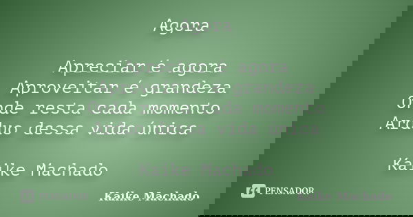 Agora Apreciar é agora Aproveitar é grandeza Onde resta cada momento Arduo dessa vida única Kaike Machado... Frase de Kaike Machado.