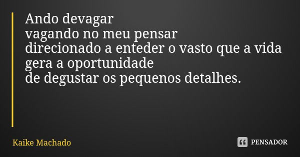 Ando devagar vagando no meu pensar direcionado a enteder o vasto que a vida gera a oportunidade de degustar os pequenos detalhes.... Frase de Kaike Machado.