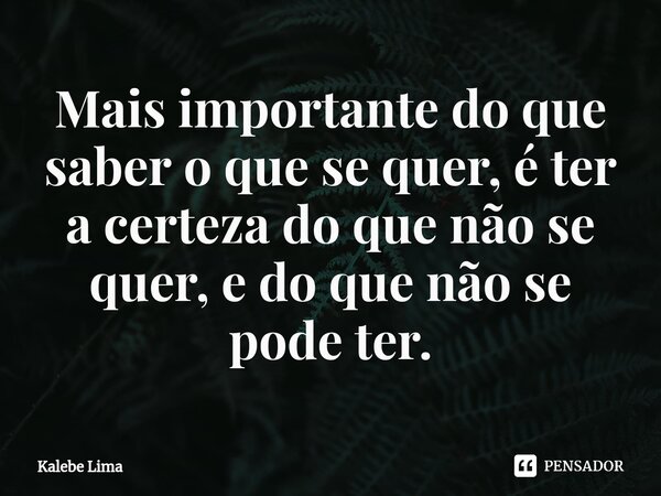 ⁠Mais importante do que saber o que se quer, é ter a certeza do que não se quer, e do que não se pode ter.... Frase de Kalebe Lima.