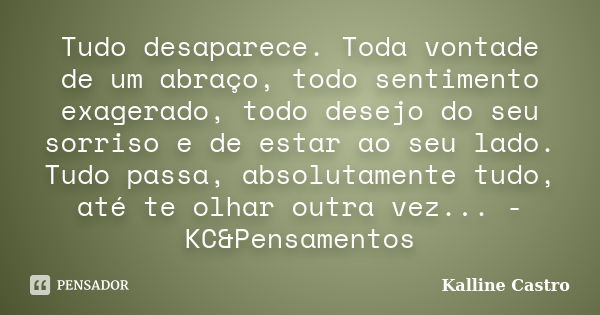 Tudo desaparece. Toda vontade de um abraço, todo sentimento exagerado, todo desejo do seu sorriso e de estar ao seu lado. Tudo passa, absolutamente tudo, até te... Frase de Kalline Castro.