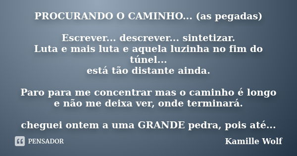 PROCURANDO O CAMINHO... (as pegadas) Escrever... descrever... sintetizar. Luta e mais luta e aquela luzinha no fim do túnel... está tão distante ainda. Paro par... Frase de Kamille Wolf.