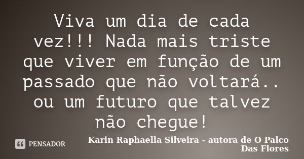 Viva um dia de cada vez!!! Nada mais triste que viver em função de um passado que não voltará.. ou um futuro que talvez não chegue!... Frase de Karin Raphaella Silveira - autora de 'O Palco Das Flores.