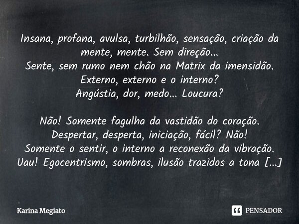 ⁠⁠Insana, profana, avulsa, turbilhão, sensação, criação da mente, mente. Sem direção... Sente, sem rumo nem chão na Matrix da imensidão. Externo, externo e o in... Frase de Karina Megiato.