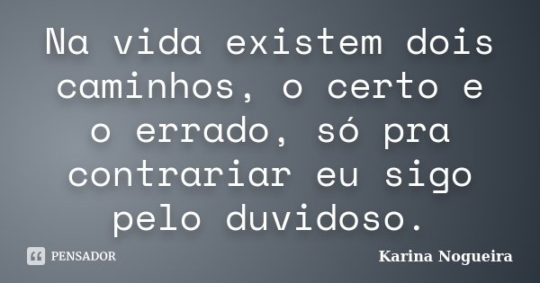 Na vida existem dois caminhos, o certo e o errado, só pra contrariar eu sigo pelo duvidoso.... Frase de Karina Nogueira.