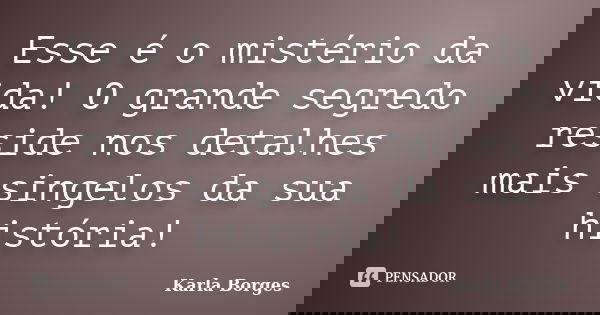 Esse é o mistério da vida! O grande segredo reside nos detalhes mais singelos da sua história!... Frase de Karla Borges.