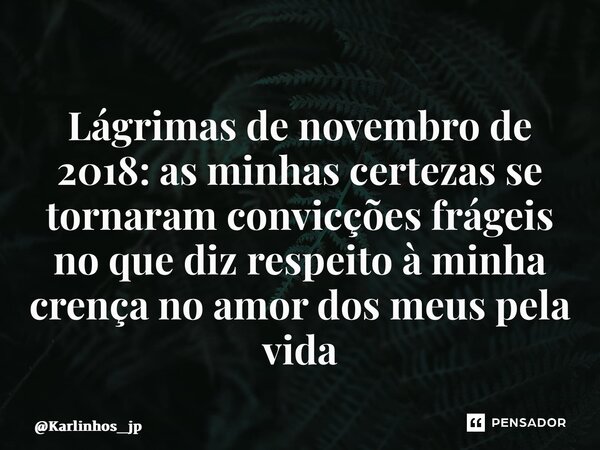 ⁠Lágrimas de novembro de 2018: as minhas certezas se tornaram convicções frágeis no que diz respeito à minha crença no amor dos meus pela vida... Frase de Karlinhos_jp.