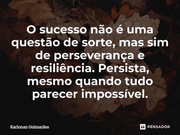 ⁠O sucesso não é uma questão de sorte, mas sim de perseverança e resiliência. Persista, mesmo quando tudo parecer impossível.... Frase de Karlonan Guimarães.