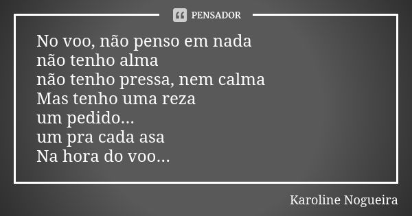 No voo, não penso em nada não tenho alma não tenho pressa, nem calma Mas tenho uma reza um pedido... um pra cada asa Na hora do voo...... Frase de Karoline Nogueira.