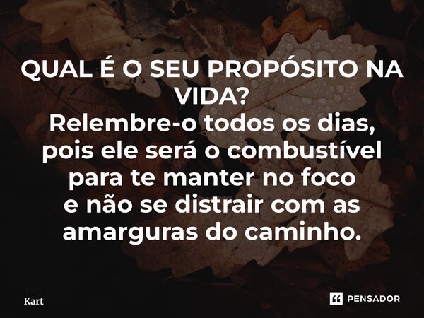 ⁠QUAL É O SEU PROPÓSITO NA VIDA? Relembre-o todos os dias, pois ele será o combustível para te manter no foco e não se distrair com as amarguras do caminho.... Frase de Kartzziano.
