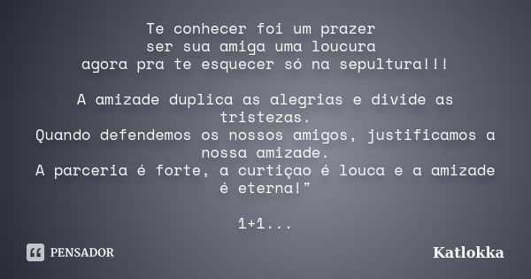 Te conhecer foi um prazer ser sua amiga uma loucura agora pra te esquecer só na sepultura!!! A amizade duplica as alegrias e divide as tristezas. Quando defende... Frase de Katlokka.