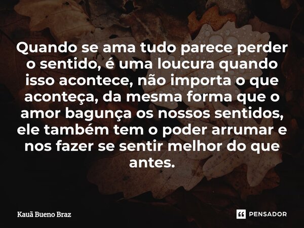 ⁠Quando se ama tudo parece perder o sentido, é uma loucura quando isso acontece, não importa o que aconteça, da mesma forma que o amor bagunça os nossos sentido... Frase de Kauã Bueno Braz.