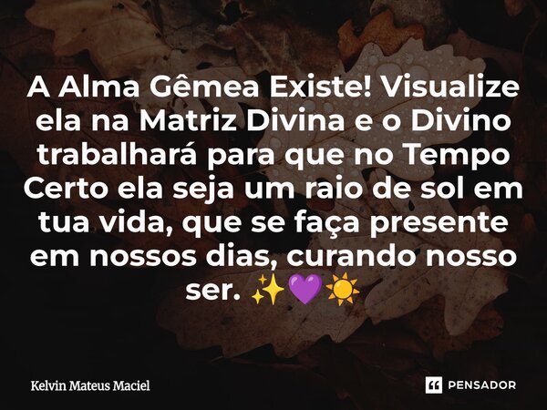A Alma Gêmea Existe! Visualize ela na Matriz Divina e o Divino trabalhará para que no Tempo Certo ela seja um raio de sol em tua vida, que se faça presente em ... Frase de Kelvin Mateus Maciel.